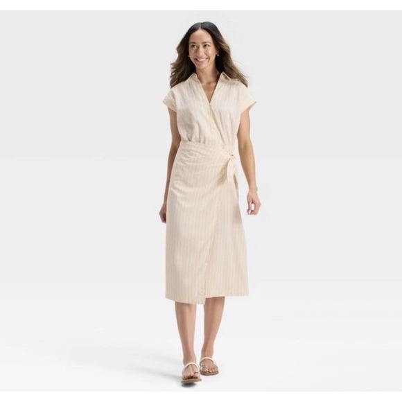 Universal Thread Dresses & Skirts - Universal Thread™ Short Sleeve Wrap Waist Midi Shirtdress Cream Striped XL